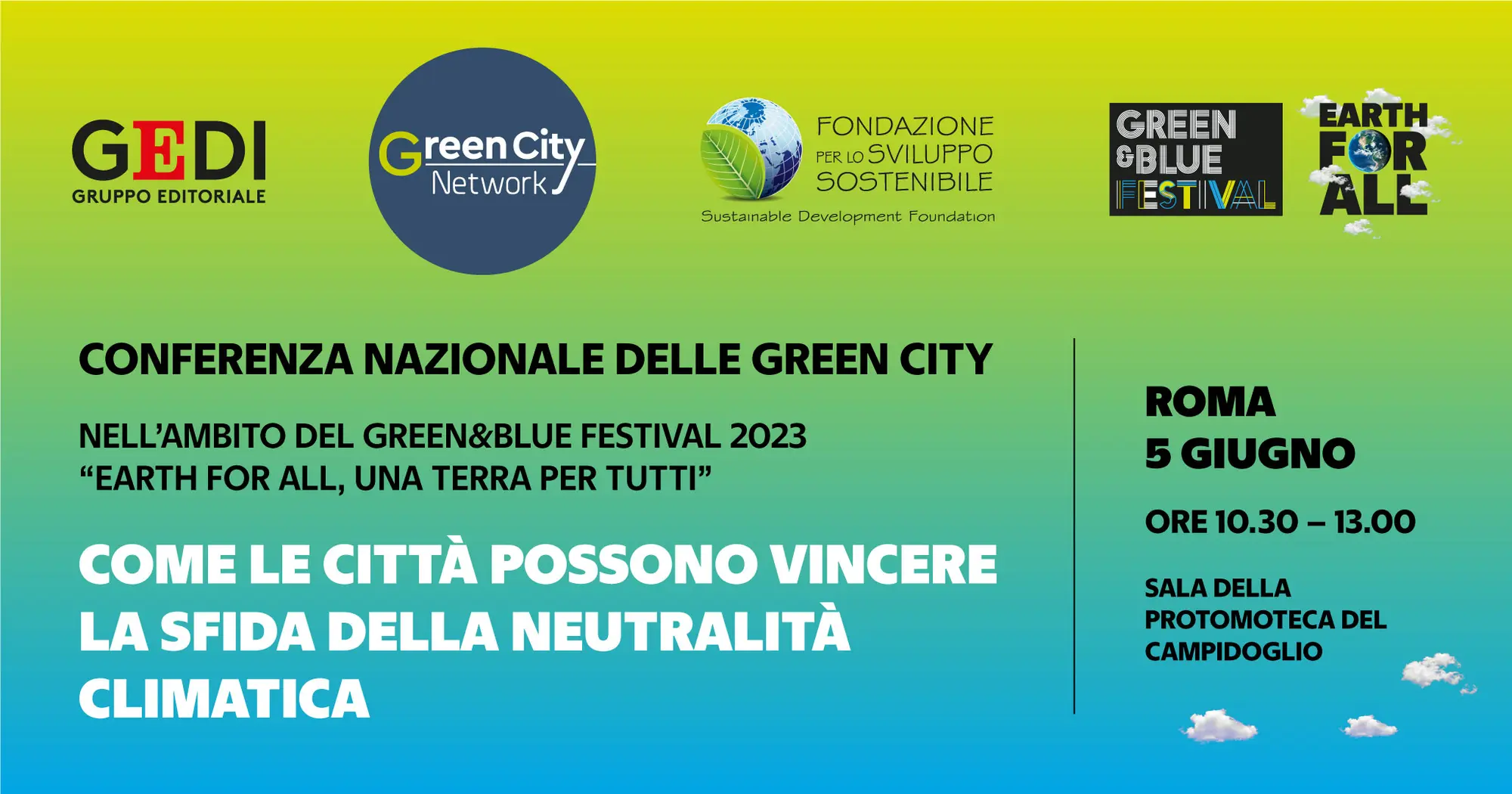 Il 5 giugno Conferenza nazionale delle green city si terrà nell’ambito del Festival Green&Blue